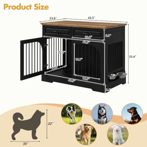 43.3" Farmhouse Dog Crate Furniture with Rotating Bowls & Drawers – Wooden, view 4