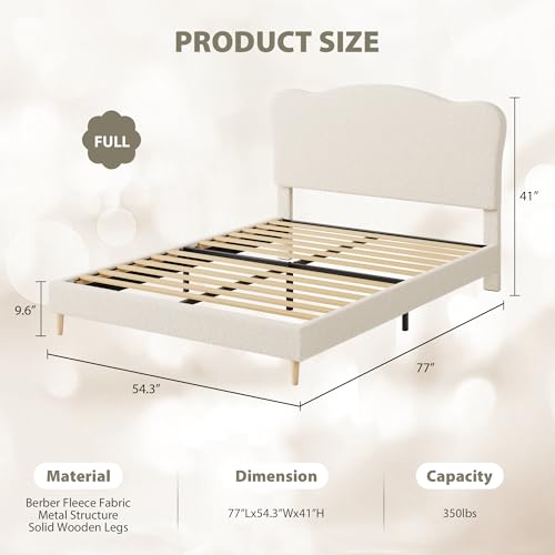 Upholstered Full Size Bed Frame for Kids with Scallop Headboard, Cute Velvet Full Bed for Girls, Boys, Sturdy Platform Bed, No Box Spring Needed, Wooden Slats, Noise Free, Beige