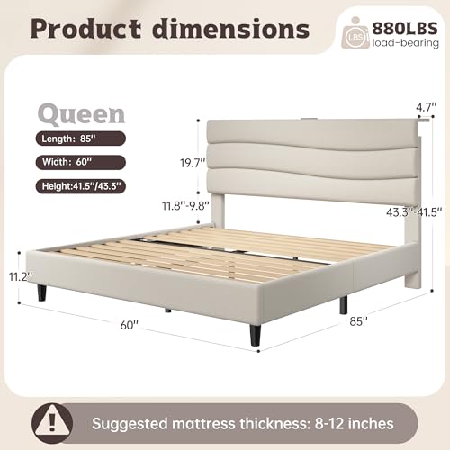 Queen Size Bed Frame with Upholstered Headboard & Charging Station, view 3