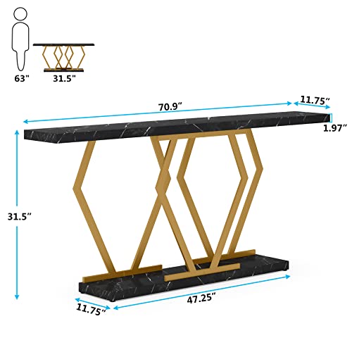 Tribesigns 70.9 Inch Extra Long Sofa Table，Black and Gold Console Table with Faux Marble Tabletop, Modern Long Entryway Table with Gold Frame