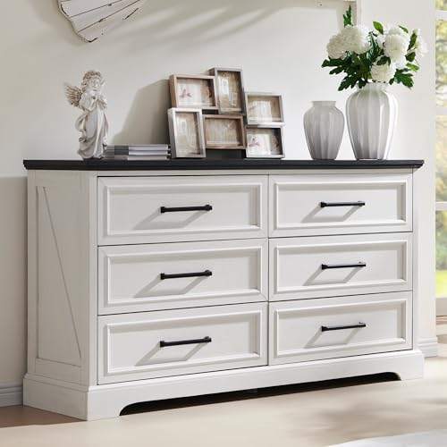 52" Wide Farmhouse 6 Drawer Dresser for Bedroom, Off White, view 2