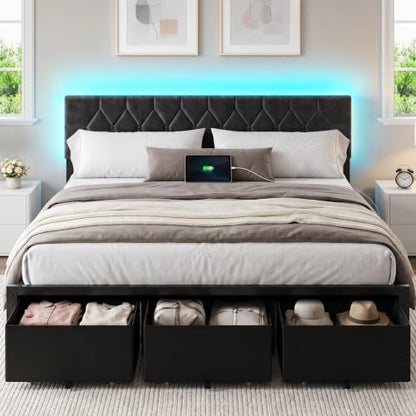 King Size Bed Frame with 3 Storage Drawers & Upholstered Headboard, view 2