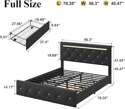 Full Bed Frames with Headboard - Upholstered Leather Bed Frame, Adjustable Headboard 2 Storage Drawers 12 Metal Slats, Noise-Free, Easy Assembly No Box Spring Needed Black