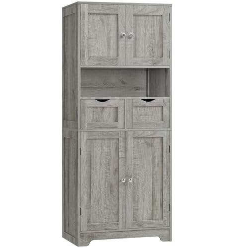 57.8" H Tall Storage Cabinet with 2 Drawers & 2 Adjustable Shelves, Bathroom Storage Cabinet with 4 Doors, Floor Cupboard, for Living Room, Dining Room, Entryway, Woodgrain Gray