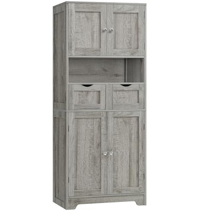 57.8" H Tall Storage Cabinet with 2 Drawers & 2 Adjustable Shelves, Bathroom Storage Cabinet with 4 Doors, Floor Cupboard, for Living Room, Dining Room, Entryway, Woodgrain Gray