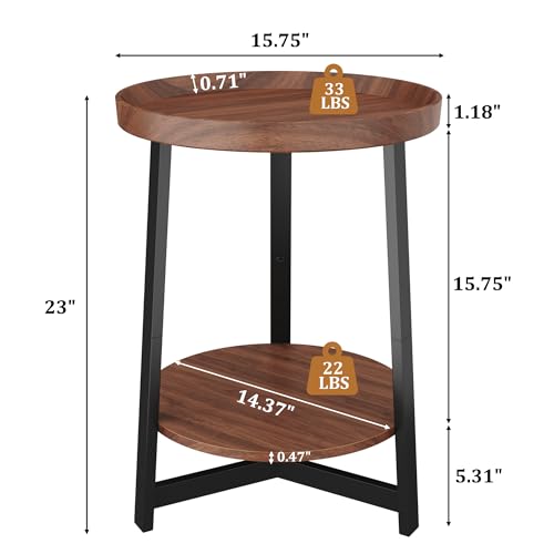 Industrial 2 Tier Round Side Table with Storage Shelf,Accent Tray End Table with Triangular Metal Support, Nightstand Bedside Sofa Table for Living Room, Bedroom, Balcony, Cherry