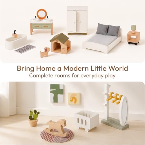 33 PCS Wooden Dollhouse Furniture Set, Modern Doll House Accessories with Bedroom, Kitchen, Bathroom, Nursery & Living Room, Montessori Pretend Play Toys for Kids Girls Boys Age 3+