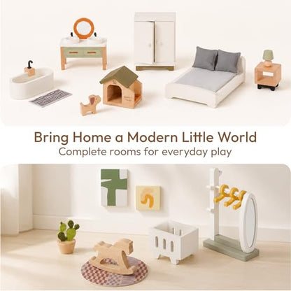 33 PCS Wooden Dollhouse Furniture Set, Modern Doll House Accessories with Bedroom, Kitchen, Bathroom, Nursery & Living Room, Montessori Pretend Play Toys for Kids Girls Boys Age 3+