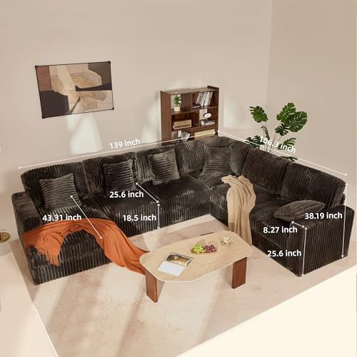 139" U-Shaped Cloud Couch, Modular Sectional, Deep Seats, Grey | Pocket Spring Cushions, Oversized 7-Seater, Left Facing Chaise, Corduroy Upholstery Couches for Living Room, Not Boneless