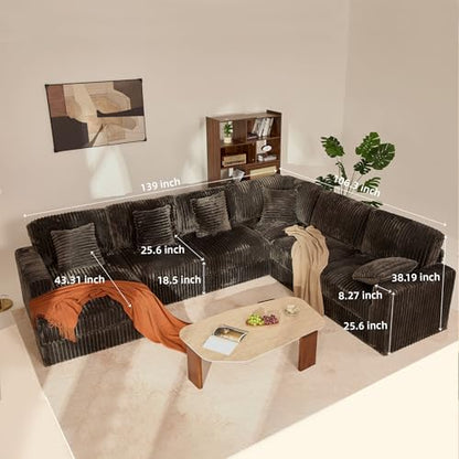 139" U-Shaped Cloud Couch, Modular Sectional, Deep Seats, Grey | Pocket Spring Cushions, Oversized 7-Seater, Left Facing Chaise, Corduroy Upholstery Couches for Living Room, Not Boneless