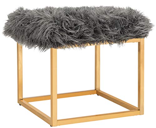 Safavieh Home Collection Rowan Grey Contemporary Glam Faux Sheepkin Square Ottoman, Dark