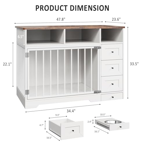 Dog Crate Furniture with Drawers, Wooden Dog Cage with Pull‑Out Dog Bowl, view 5