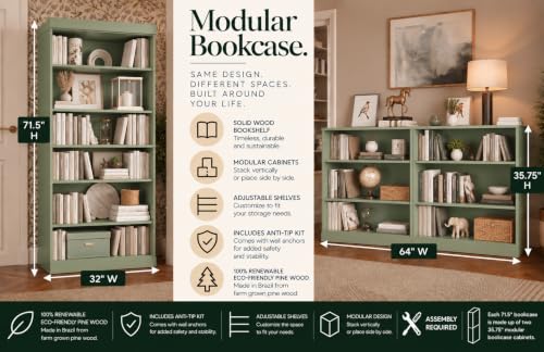 Solid Wood Bookcase, Stackable Modular 6-Tier Bookshelf, 71.5" Tall x 32" Wide, view 5