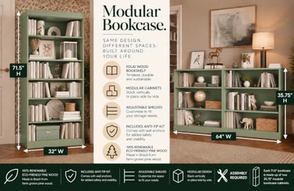 Solid Wood Bookcase, Stackable Modular 6-Tier Bookshelf, 71.5" Tall x 32" Wide, view 5