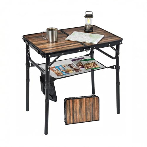Small Folding Camping Table, 2ft Portable Picnic Table Aluminum 24" x 16" Folding Table, 3 Adjustable Heights Portable Lightweight Table Dining Table for RV, Picnic, Beach (Wood Grain)