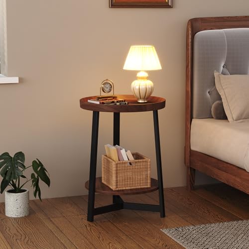 Industrial 2 Tier Round Side Table with Storage Shelf,Accent Tray End Table with Triangular Metal Support, Nightstand Bedside Sofa Table for Living Room, Bedroom, Balcony, Cherry