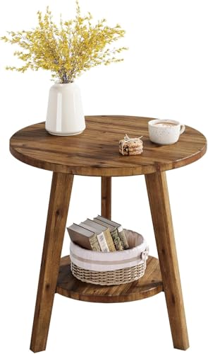 Tribesigns Solid Wood Round Side Table Set of 2, 2-Tier Farmhouse End Table with Storage Shelf, Nightstand for Living Room, Bedroom, Easy Assembly (2, Brown)