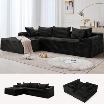108" L-Shaped Modular Sectional Sofa with Chaise, Boneless Comfy Corduroy Fluffy Couch with Deep Seat and Side Pockets, Flexible Module Combination for Living Room, No Assembly, Side Pockets