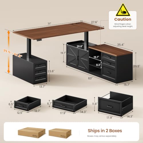 71" Executive L Shaped Electric Standing Desk with 6 Drawers, view 3