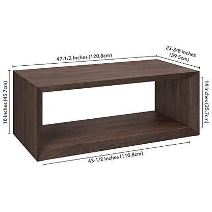 48" Rectangular Coffee Table with Open Storage Shelf for Living Room, Family Room, or Office, Rich Brown