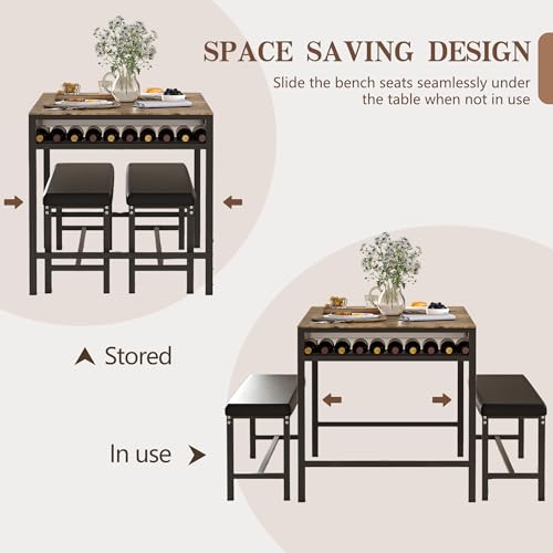 65" Dining Table Set for 4-6, 3-Piece Kitchen Set with 2 Utensil Drawers, 2 Benches & Wine Rack, Space Saving & Heavy Duty, with Metal Frame & MDF Board, Brown