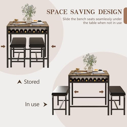 65" Dining Table Set for 4-6, 3-Piece Kitchen Set with 2 Utensil Drawers, 2 Benches & Wine Rack, Space Saving & Heavy Duty, with Metal Frame & MDF Board, Brown