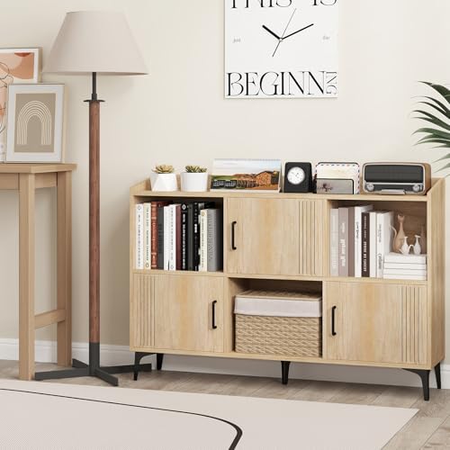 Storage Cabinet, Sideboard with 3 Doors, 3 Open Compartments, Bookcase with 5 Raised Metal Legs, Buffet Table, Bookshelf, Floor Cabinet for Living Room Display, Dining Room, Entryway, Oak