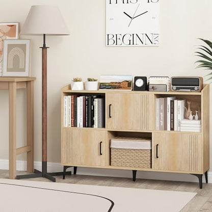 Storage Cabinet, Sideboard with 3 Doors, 3 Open Compartments, Bookcase with 5 Raised Metal Legs, Buffet Table, Bookshelf, Floor Cabinet for Living Room Display, Dining Room, Entryway, Oak