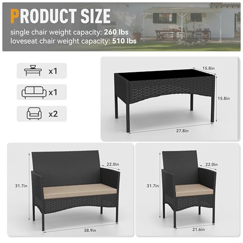 Patio Furniture Set 4 Pieces Outdoor Wicker Rattan Chairs Conversation Sets w/Coffee Table, Rocking Bistro Set, for Deck,Patio,Backyard,Lawn (Sand)