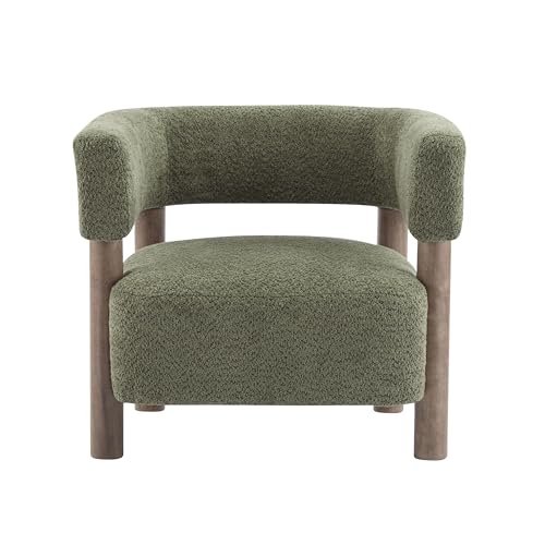 Carly Low Profile Accent Chair, Round Backrest Side Chair, Living Room Armchair with Boucle Fabric Cushion,Comfy Reading Chair for Bedroom,Wooden Single Lounge Sofa,Olive Green