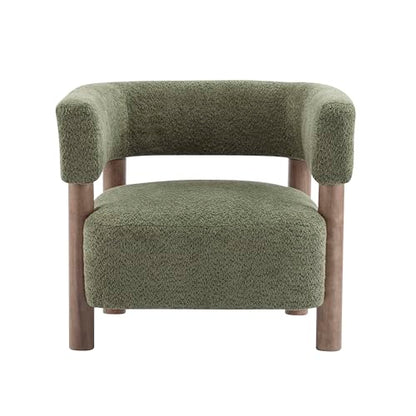 Carly Low Profile Accent Chair, Round Backrest Side Chair, Living Room Armchair with Boucle Fabric Cushion,Comfy Reading Chair for Bedroom,Wooden Single Lounge Sofa,Olive Green