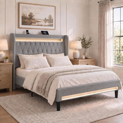 Queen Size Upholstered Bed Frame with LED & Charging Station, Gray, view 2