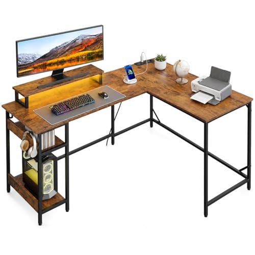 60 Inch L Shaped Gaming Desk with LED Lights, Rustic Brown, view 2