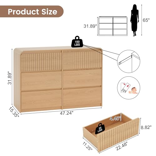 Modern 6 Drawer Dresser for Bedroom, 48" Large Wide Chest of Drawers, view 3