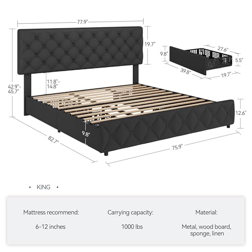 King Size Bed Frame with 4 Storage Drawers and Adjustable Headboard, view 3