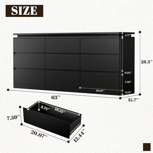9 Drawer Dresser for Bedroom, 63" Long Black Chest of Drawers w/LED Lights, view 3