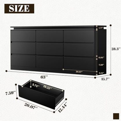 9 Drawer Dresser for Bedroom, 63" Long Black Chest of Drawers w/LED Lights, view 3