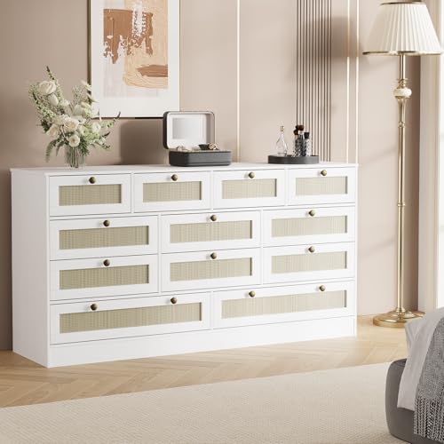 12 Drawer Wooden Dresser for Bedroom, Rattan Chest of Drawers for Closet, Living Room, Hallway, 61 Inch Wood Wide TV Stand Dressers for 65 Inch TV, Modern Dresser for Adult Room