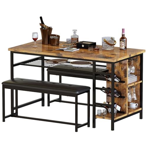 Space Saving Dining Table Set for 2-4 People, 53" Kitchen Table with 2 Upholstered Bench, Dinner Table with Wine Rack Glass Holder and Storage Shelf, 3-Piece Dinette Table for Small Apartment