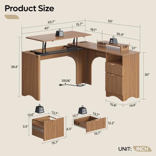 55" L Shaped Desk with Lift Top, Fluted Drawers, Brown Oak, view 4