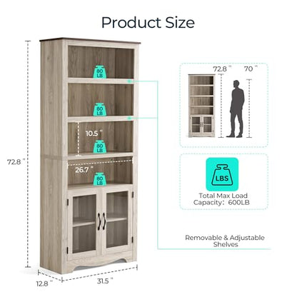 Bookshelf with Doors, 6 Shelf Bookcase Tall Bookshelves, view 3