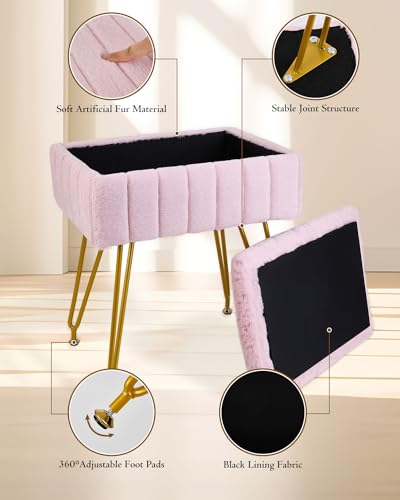 Vanity Stool with Storage, Faux Fur Makeup Stool with Metal Legs, Multifunctional Furry Footrest Ottoman Chair for Living Room Bedroom,Pink