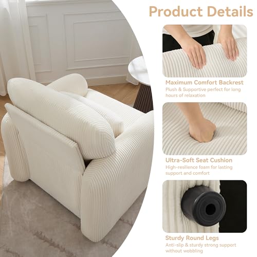 Corduroy Fabric Accent Chair, Modern Upholstered Living Room Chairs with Lumbar Pillow, Wide Comfy Leisure Armchair for Bedroom, Office, Reading, White