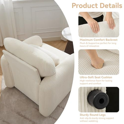 Corduroy Fabric Accent Chair, Modern Upholstered Living Room Chairs with Lumbar Pillow, Wide Comfy Leisure Armchair for Bedroom, Office, Reading, White