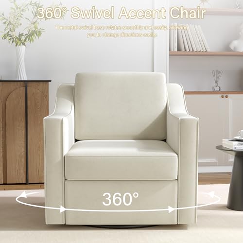 Swivel Accent Chairs Set of 2, 360° Swivel Upholstered Club Armchairs for Living Room, Comfy Single Sofa Reading Chair with Deep Seat, Metal Swivel Base, Chenille Fabric, Beige