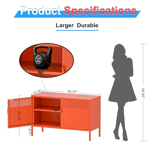2 Door Accent Cabinet, Orange Metal Storage Cabinet with Adjustable Shelf, view 3