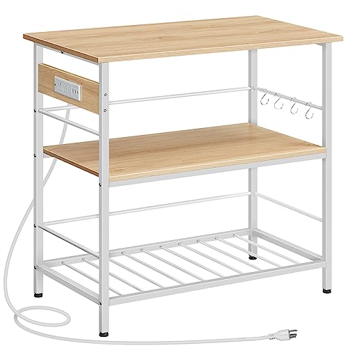 Kitchen Island with Storage, Kitchen Island Table with Power Outlet, 3 Tier Coffee Station and Microwave Stand, for Home, Kitchen and Dining Room, Natural and White WN021ZD01