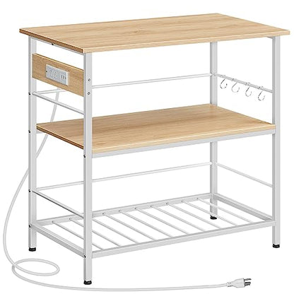 Kitchen Island with Storage, Kitchen Island Table with Power Outlet, 3 Tier Coffee Station and Microwave Stand, for Home, Kitchen and Dining Room, Natural and White WN021ZD01