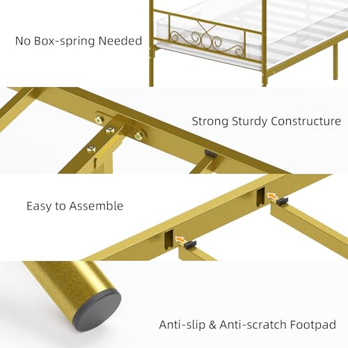 Twin Canopy Bed Frame with Headboard, Metal Twin Beds for Kids, Gold, view 6