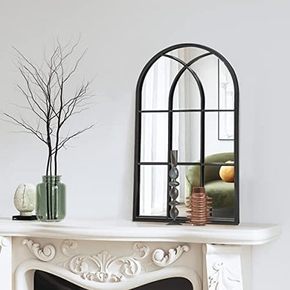 Wall Mounted Mirror, 24"x42" Arched Wall Mirror, Arched Window Shaped Farmhouse Style with Iron Frame, Paneled Wall Decor for Bedroom, Entryway, Living Room (Black)